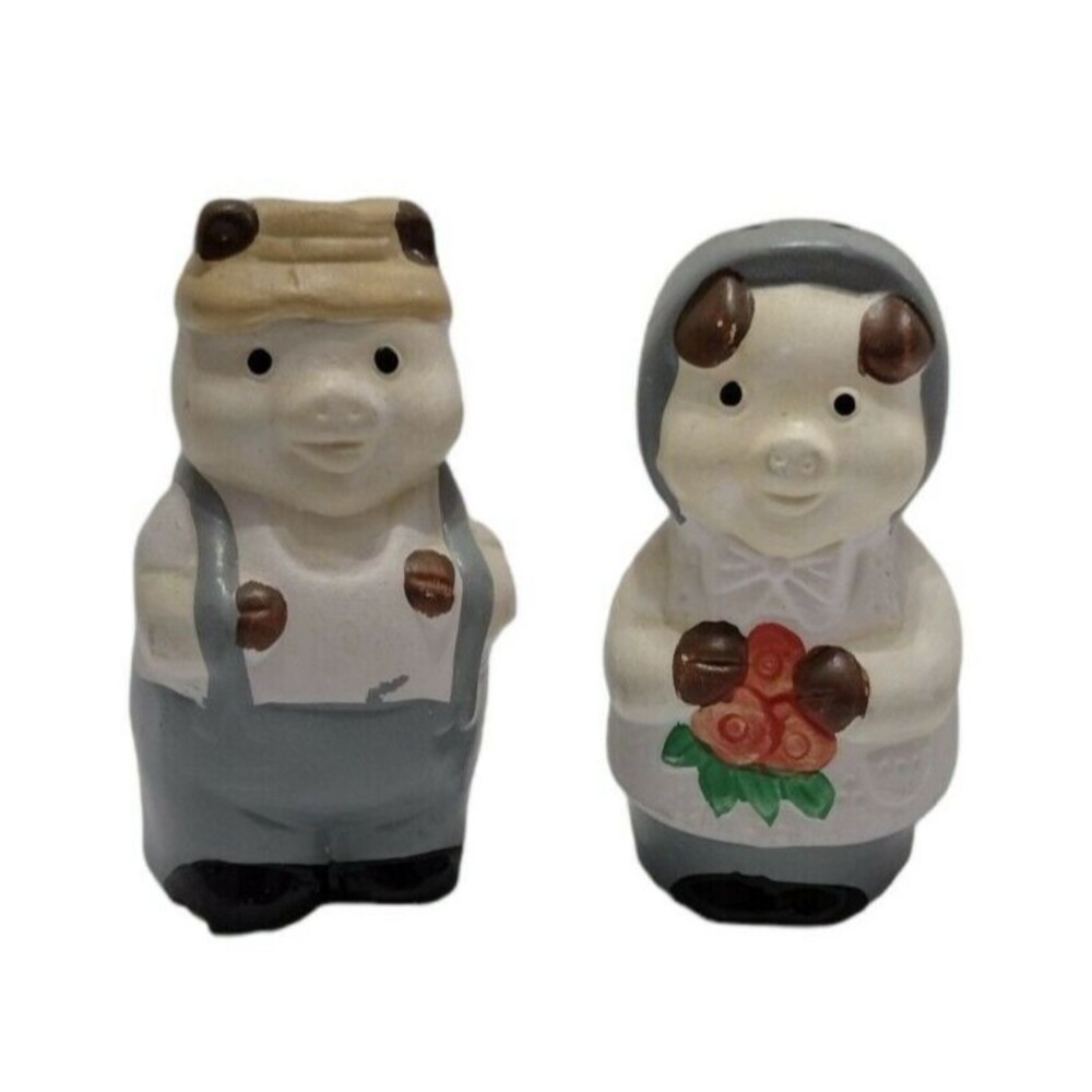 Vintage Pigs Salt Pepper Shakers Farmer Couple Country Overalls Hand Painted 3"